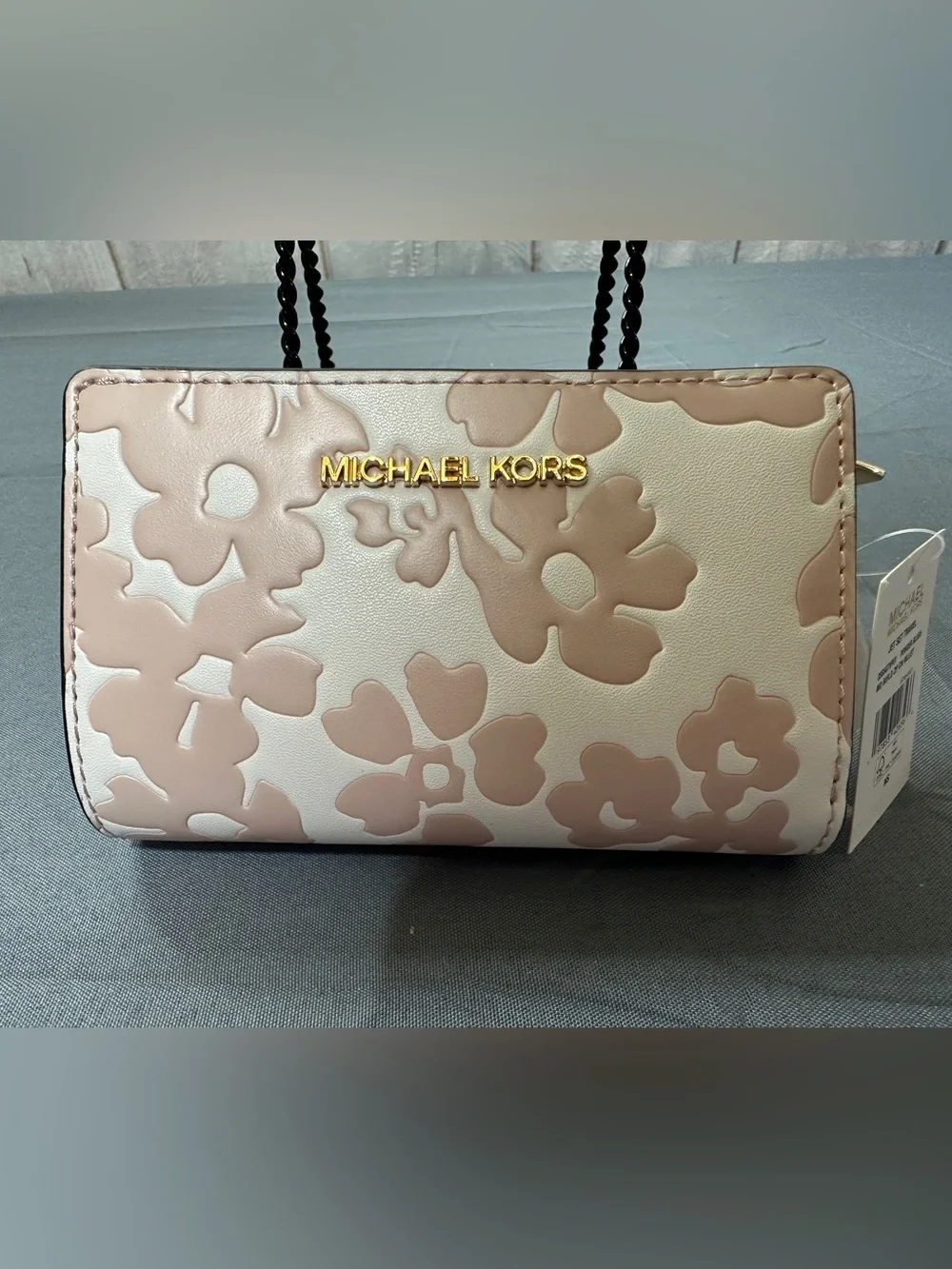 Michael Kors Pink & White Floral Appliqué Wallet with Gold Logo